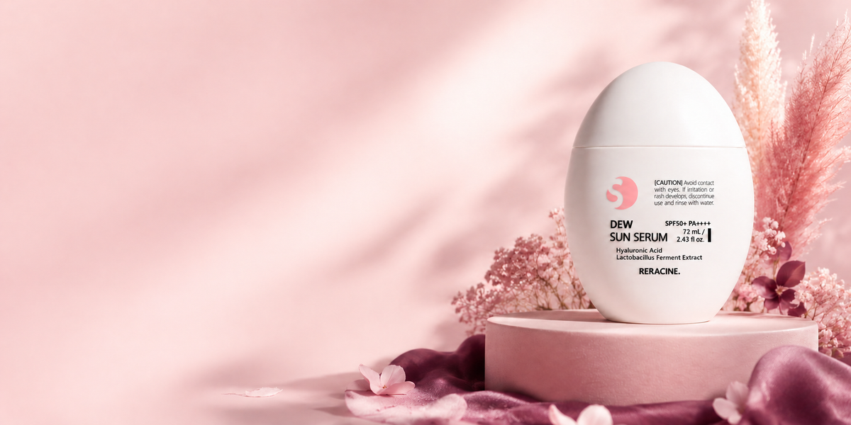 Dew Sun Serum sunscreen bottle on a pink pedestal