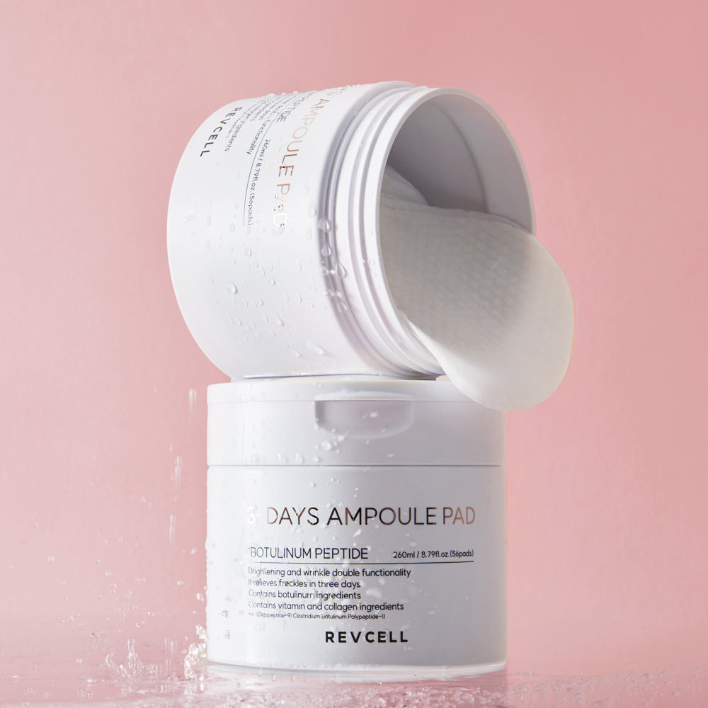 White skincare product container with text on a pink background