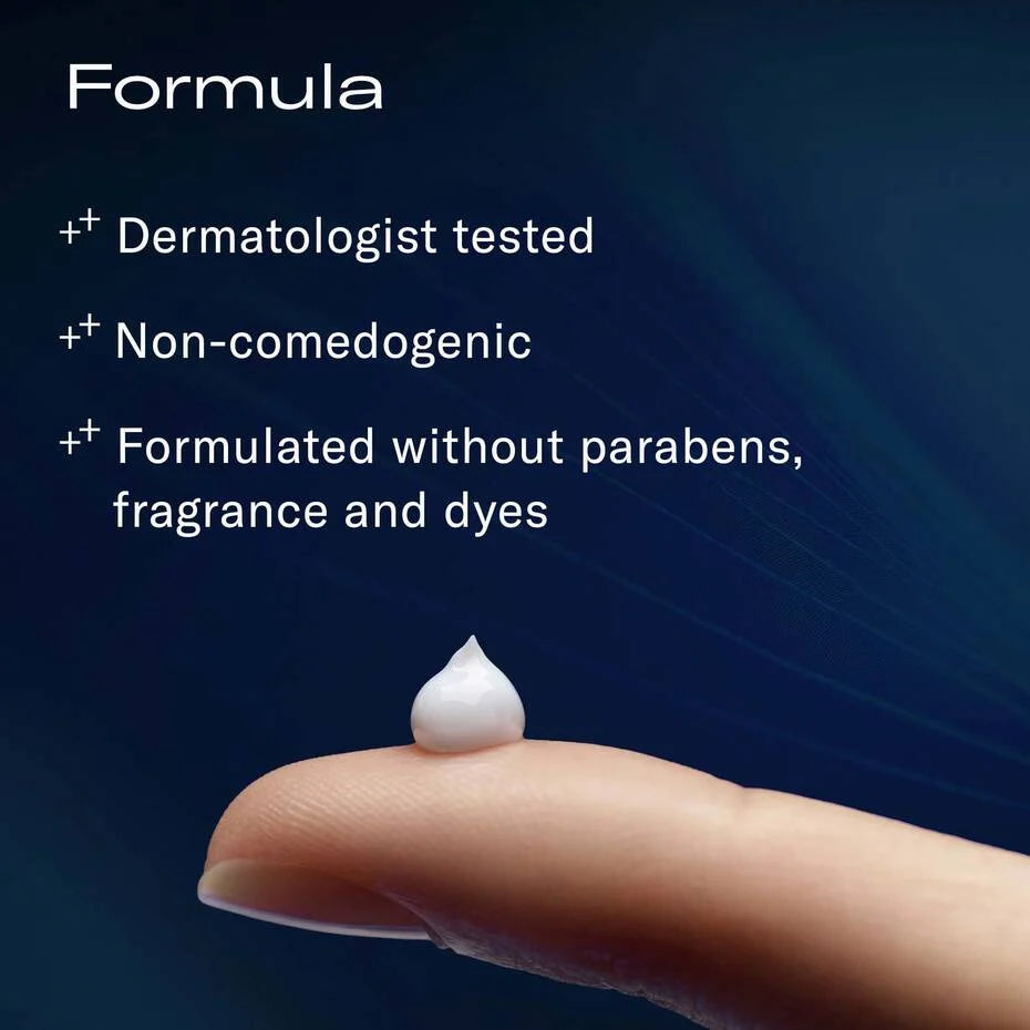 Product on a finger with dermatologist-tested, non-comedogenic, paraben-free, fragrance-free, and dye-free text on a dark blue background.