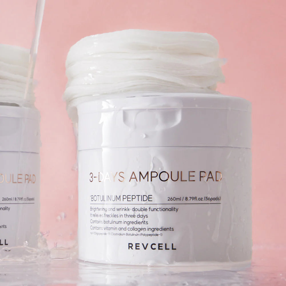 Revcell 3 Days Ampoule Pad container on a pink background