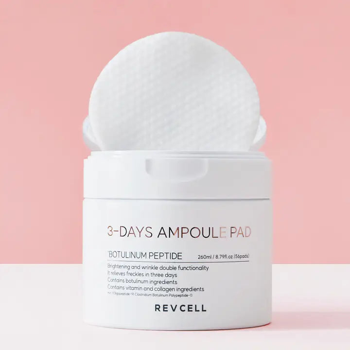 RevCell 3-Days Ampoule Pad container with applicator on a pink background