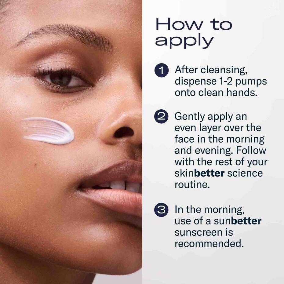 Instructions on applying skincare product with a close-up of a woman's face.