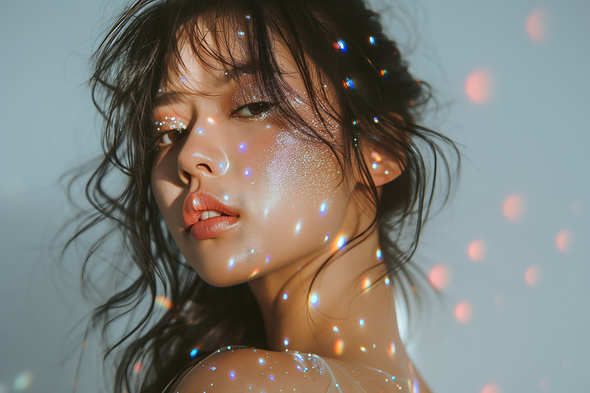 Woman with glitter on her face against a soft, neutral background