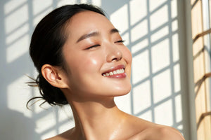 Woman with smooth skin smiling in a softly lit room