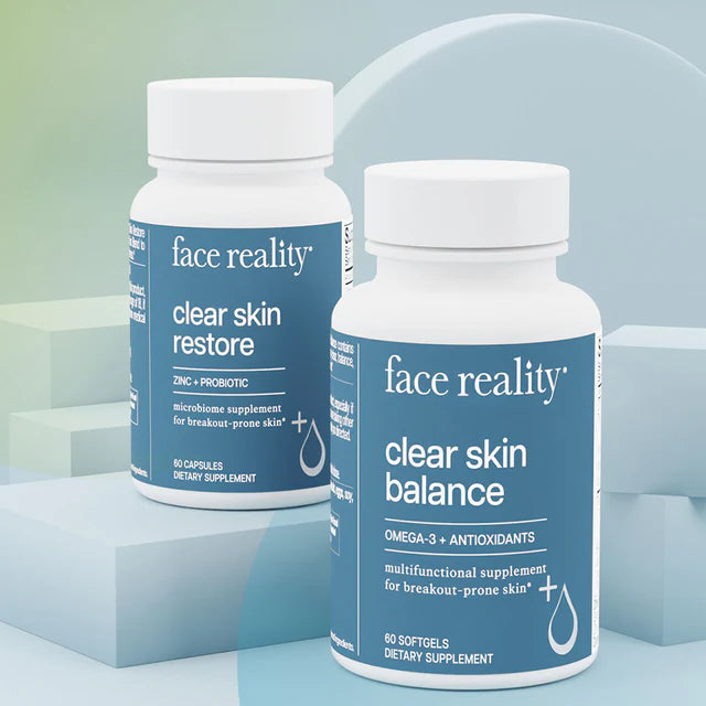 clear skin restore + clear skin balance supplement bottles